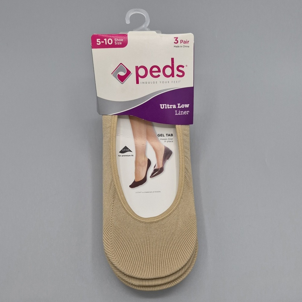 Peds Ultra Low Liner Gel Tab Socks‎ Shoe Size 5-10 3 Pack Nude